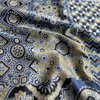 Ajrakh Screen Printed Mashru Silk Fabric - Blue & Yellow